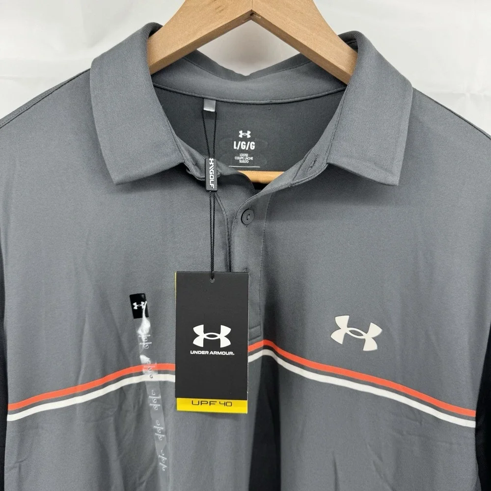 NEW‎ Under Armour Playoff Polo Large Shirt Golf Gray Orange UA 3.0 Stripe Polo